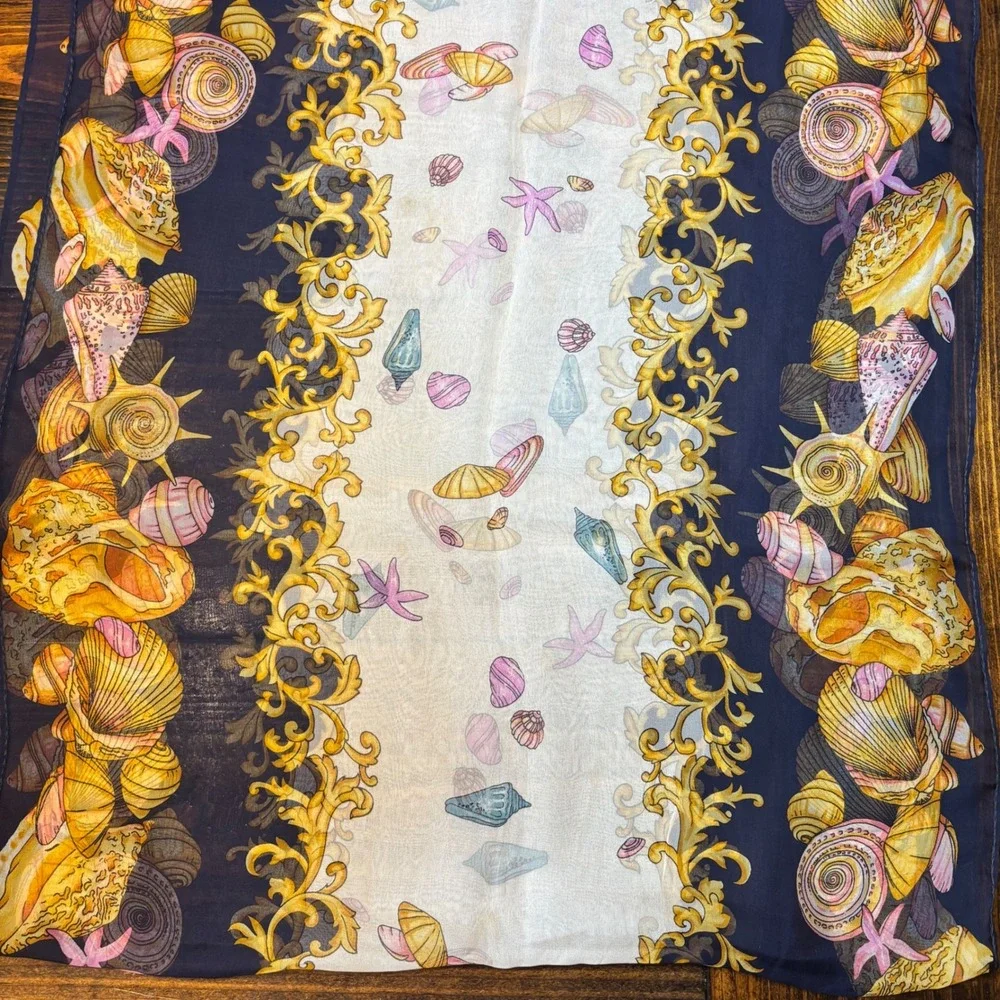Vintage Navy Silk Scarf Seashells Coral Starfish Border Print 66x20 Large Italy - Picture 2 of 5
